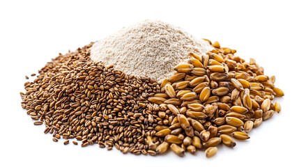 Poster - Top view of an integral rye flour pile isolated on a white background, top view of rye flour isolated on a white background, a heap of whole spelt wheat flour isolated on a white background