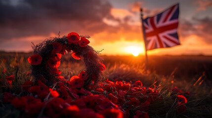 Aufkleber - Touching remembrance day scene in the uk featuring a wreath of red poppies and the union jack under a sunset