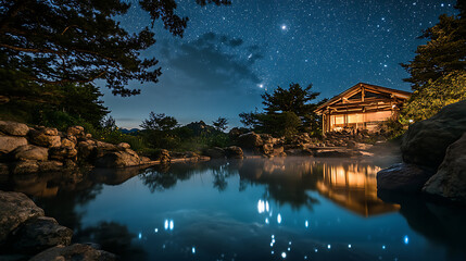 Poster - Tranquil paradise: enchanting hot spring illuminated by stars and moon