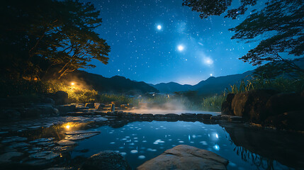 Poster - tranquil paradise: enchanting hot spring illuminated by stars and moon
