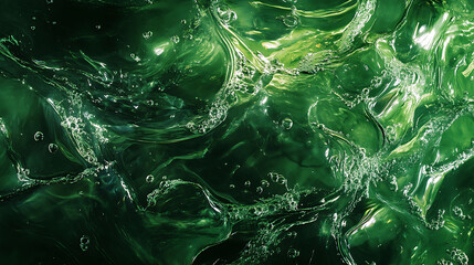 Poster - Transparent dark green clear water surface texture with ripples, splashes, abstract nature background water waves in sunlight with copy space, top view, cosmetic moisturizer micellar toner emulsion