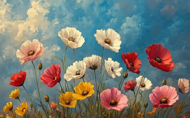 Wall Mural - vibrant poppy field under a blue sky filled with fluffy clouds during a sunny day