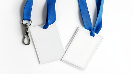 Poster - Two blank id badge holders with blue lanyards on a clean white background, ideal for branding or identity presentation