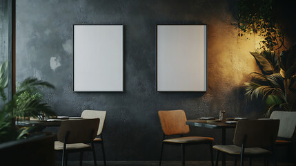 Poster - Two blank posters on a dark textured wall inside a modern cafe, designed for mockup display