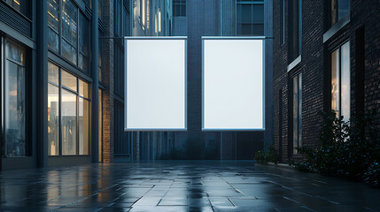 Poster - Two blank white banners on a building exterior for mockup advertisement, set against a well-lit urban background