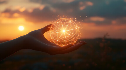 Aufkleber - Two hands holding a glowing astrology symbol with mystic symbols, sunset background