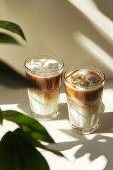 Sticker - Creamy iced beverages with layers of caramel and milk on a sunlit table with greenery