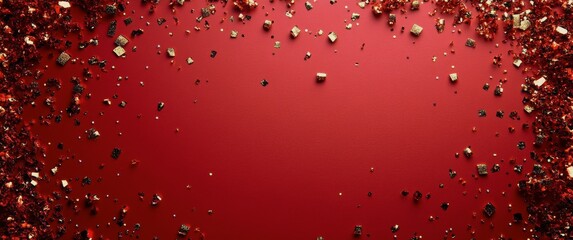 Poster - Shimmering golden confetti cascading against a vibrant red background in festive celebration