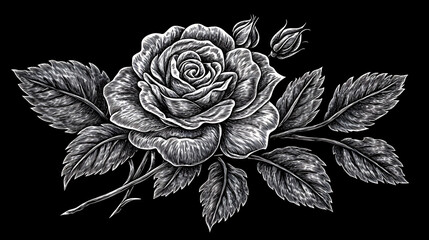 Poster - Rose flower with detailed leaves, perfect for tattoos or botanical designs sketch engraving raster illustration, scratch board imitation, black and white image