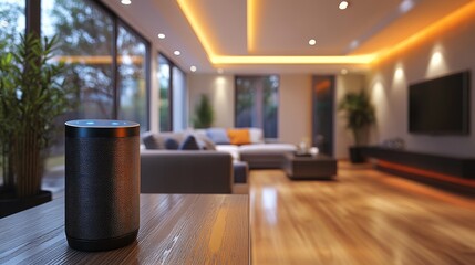 Poster - A modern smart home system controls devices in a stylish living room during the evening