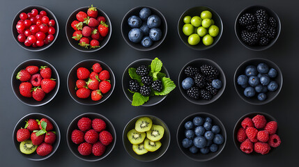 Aufkleber - Various berries in bowls , isolated on background, top view