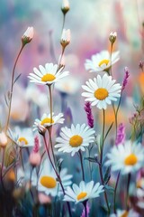 Wall Mural - field of vibrant daisies blooming amidst soft colorful flora in bright daylight