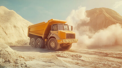 Poster - Sand is being transported by a yellow excavator truck on an industrial cement factory, concept for the concrete plant industry