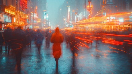 Wall Mural - Person walks snowy city street, blurred lights.