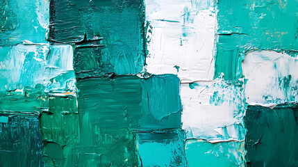 Poster - Vibrant green, turquoise, and white acrylic paint blend in abstract art with texture and depth, perfect for modern home decor