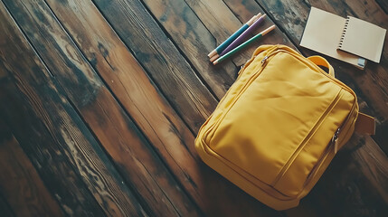 Poster - School supplies in a yellow backpack with a wooden background
