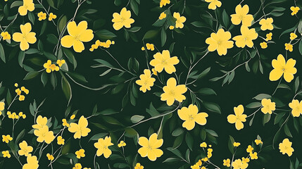 Poster - Seamless floral pattern with yellow flowers and leaves on dark green background, abstract trendy spring, summer dress print, beautiful multicolored motif, hand drawn wildflowers flat illustration