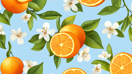 Aufkleber - Seamless pattern of oranges with green leaves and white flowers on a light blue background, fresh, fragrant, and summery fruit design