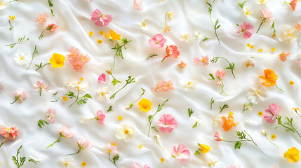 Poster - Seamless pattern of small, delicate flowers and leaves are scattered across surface in pastel colors on white background, creating airy feel with soft color, trendy spring, summer print dress pattern