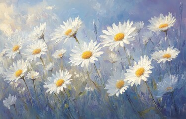 Wall Mural - bright white daisies bloom in a meadow under a soft blue sky during daytime