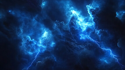 Poster - Vivid blue thunder lightning bolt s shaped against dark background electric storm nature power