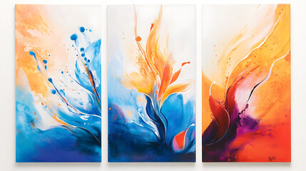 Poster - Set of three abstract floral art with blue and orange hue