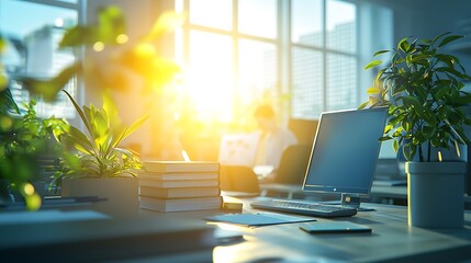 Aufkleber - Sunlit modern office workspace with plants, computer, books, and documents.