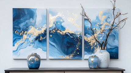 Poster - Set of three fluid art with blue and gold accents