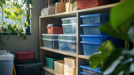 Poster - Several plastic household items, neatly arranged home furnishings, ample storage space, and lidded container boxes for convenient item storage