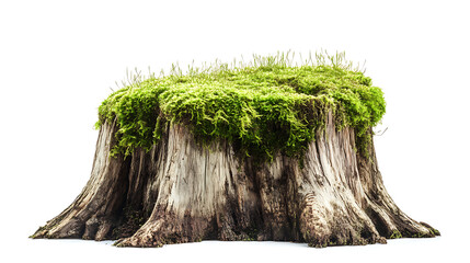 Poster - Side view on one single wooden mossy tree stump with roots isolated on white background