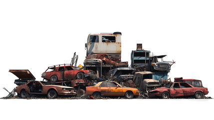 Poster - Side view on set of junkyard dump piles with cars and metal scrap on white background