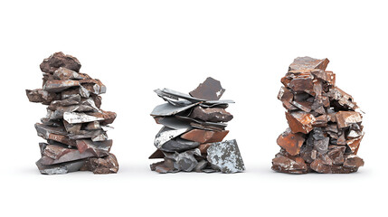 Poster - Side view on set of piles of scrap metal on white background