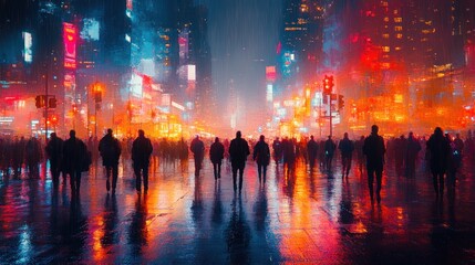 Wall Mural - Rainy city night; crowd walks, neon reflections.