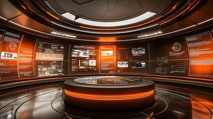 Poster - Futuristic control room with circular platform and glowing orange screens displaying data.