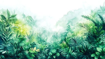 Poster - Watercolor pattern wallpaper, painting of a lush, green jungle landscape, tropical rainforest background