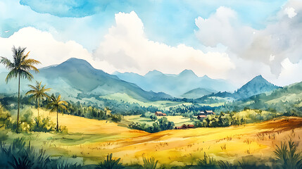 Aufkleber - Simple watercolor illustration of panoramic view of famous tamil nadu landscapes