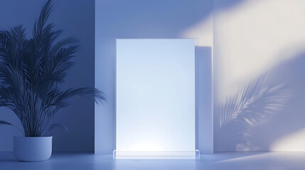 Poster - White a3 poster mockup, backlight glass holder, 3d rendering, illuminated white acrylic affiche mockup