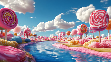 Aufkleber - Whimsical candyland scene with colorful lollipop trees and a candy-filled river, all set under a bright blue sky with fluffy clouds, concept of a fantasy sweet world