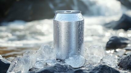 Poster - Soda can mock up template, aluminum soda can on ice rocks, close up shot, product advertisement photography