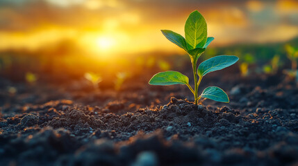 Wall Mural - A small plant is growing in the dirt. The sun is setting in the background, casting a warm glow over the scene