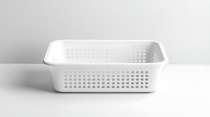 Fototapete - White rectangular plastic storage basket with an isolated white front view