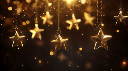 Poster - Sparkling golden stars hanging on a dark background