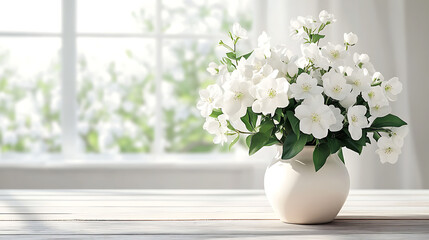 Poster - White wooden table with vase of white flowers and blurred window on spring background, panoramic banner for interior design or product display presentation
