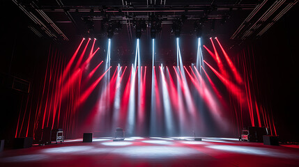 Wall Mural - Spotlights illuminating an empty stage with red curtains, creating a dramatic atmosphere of anticipation