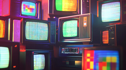 Aufkleber - Stack of various television sets from the 1970s with a test pattern displayed on the screen, static, fuzzy digital screen background