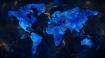 Poster - World map with glowing blue dots city lights in background abstract