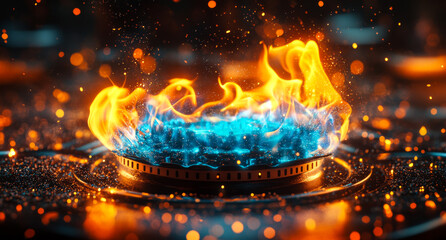 Poster - A blue flame is surrounded by orange sparks, creating a beautiful and mesmerizing display of fire. The blue flame is surrounded by orange sparks, which dance and flicker in the air, creating a warm