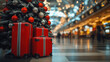 © britaseifert - A festive scene in an airport, featuring stacked red suitcases next to a decorated Christmas tree with red and silver ornaments