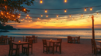 Poster - string lights hanging over beachside tables at sunset