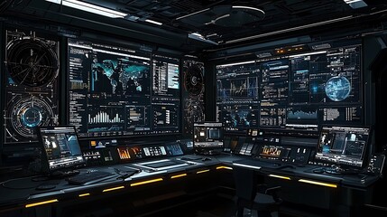 Poster - Futuristic control room with multiple screens displaying data, charts, and maps.